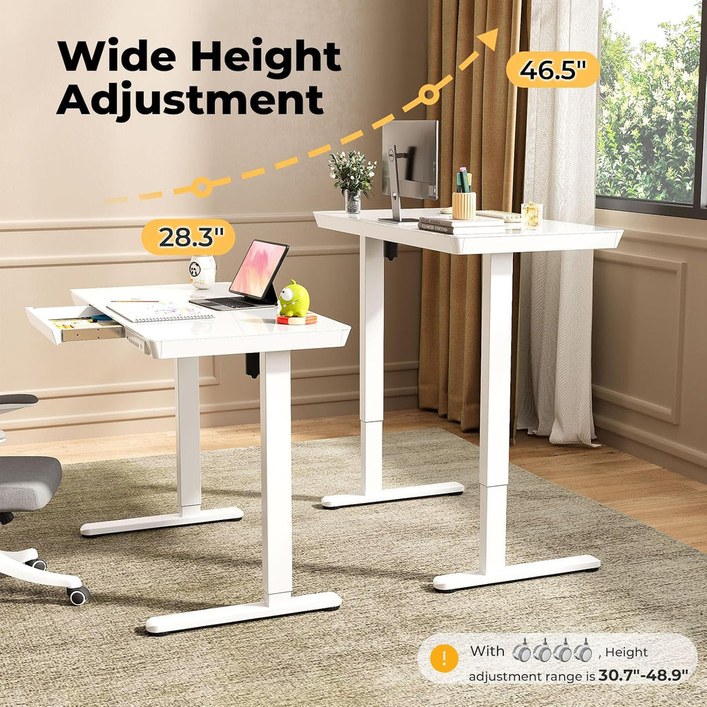 40" Glass Standing Desk with Drawer, Electric Stand up Desk | Height Adjustable Desk with One-Piece Tabletop & USB