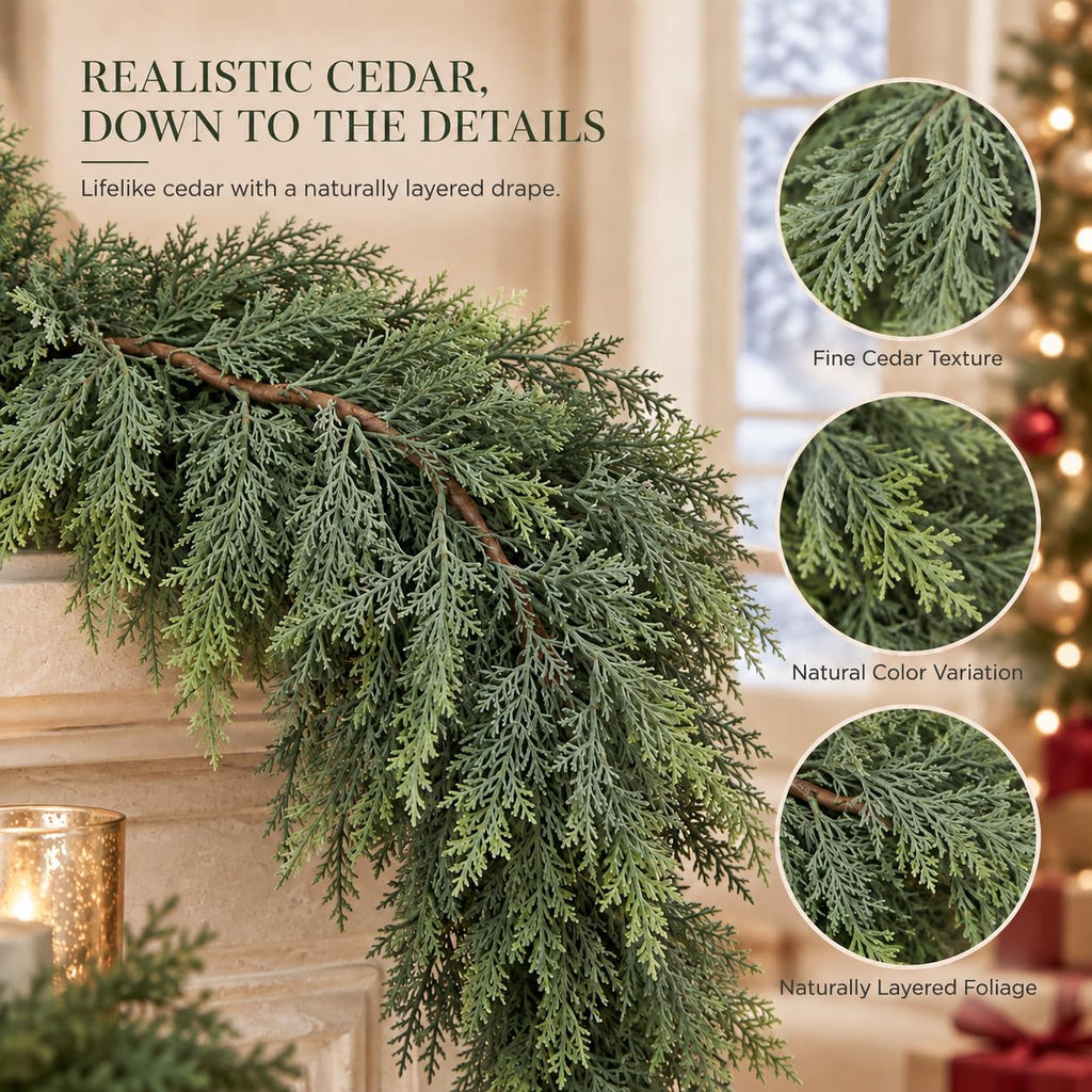 5.5 FT Christmas Greenery Real Touch Cedar Garland for Indoor Outdoor Decor