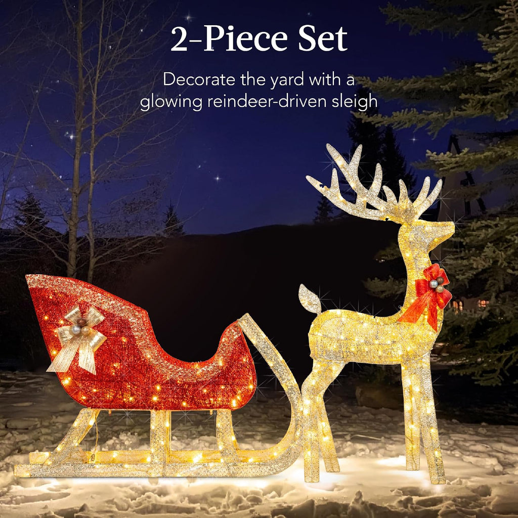 Lighted Christmas 4ft Reindeer & Sleigh Holiday Outdoor Yard Decoration Set w/ 205 LED Lights, Stakes, Zip Ties - Gold