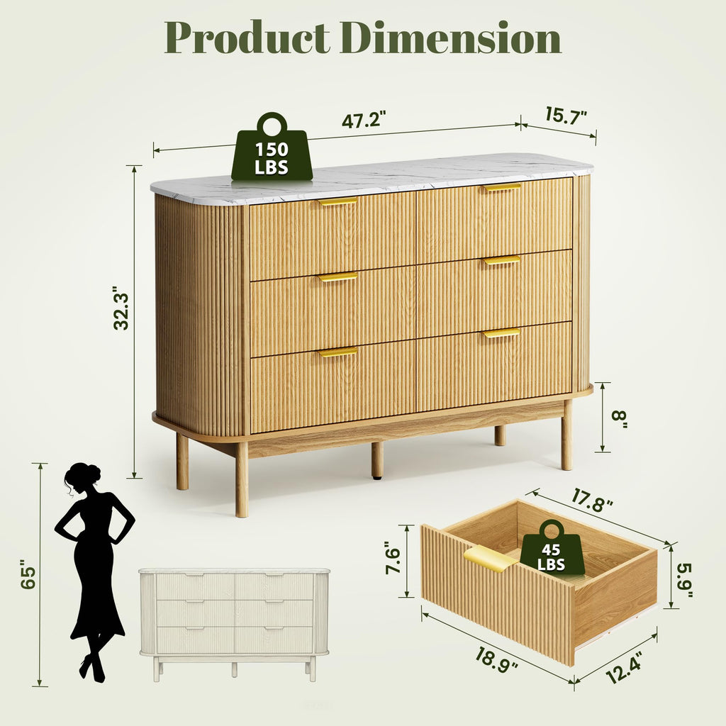 47" Fluted Dresser with 6 Drawer, Modern Chest of Drawers, Faux Marble Top & Curved Profile Design, Wood Drawer Storage