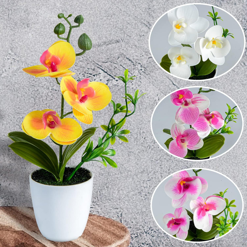 Artificial Orchid Flowers Mini Potted Orchid Flowers Fake Orchids with Plastic Vase Wedding Table Centerpiece - Set of 4