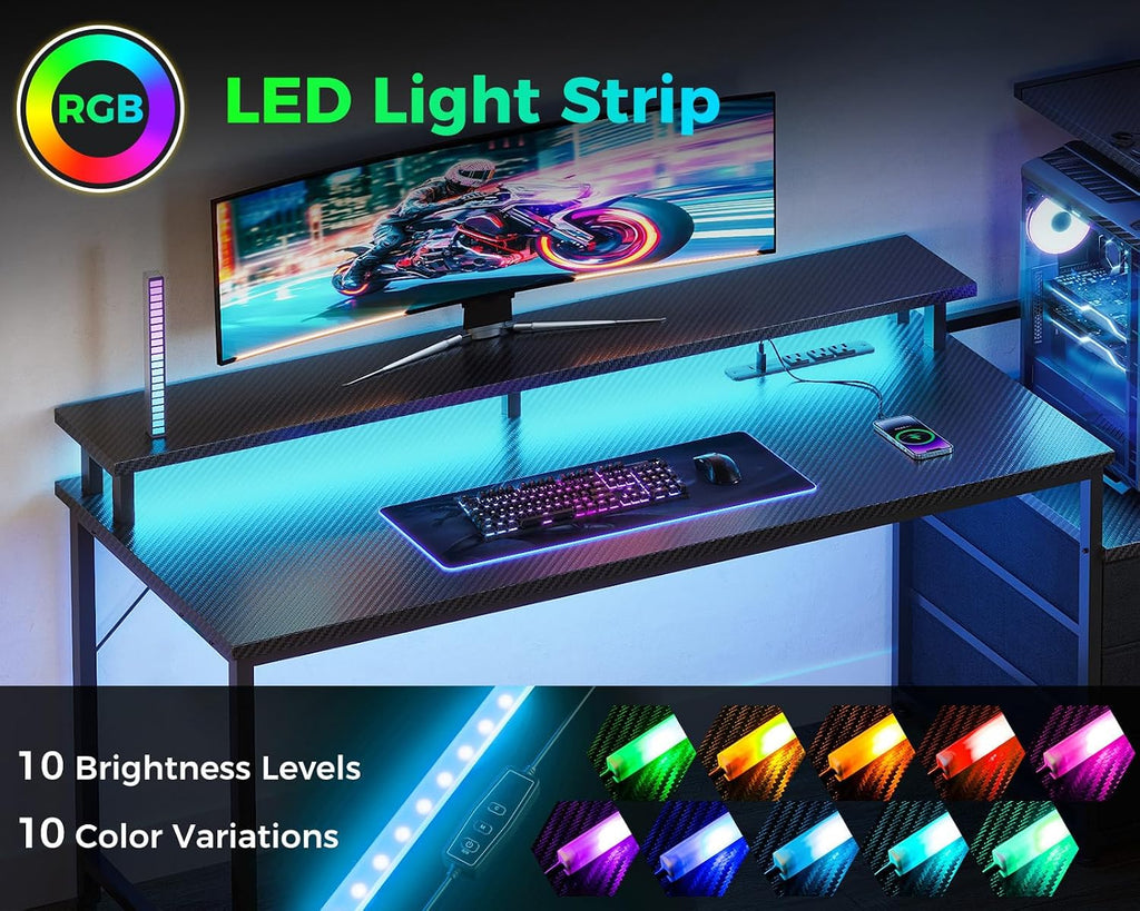 59 Inch Gaming Desk with USB Charging Ports & LED Light - Reversible Computer Desk with 3 Fabric Drawers, Monitor