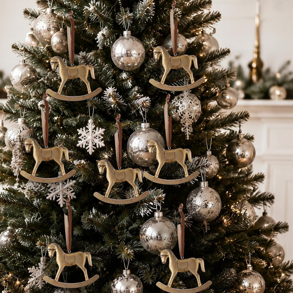 6 Pcs Vintage Christmas Rocking Horse Ornament, Solid Lanyard, Brown