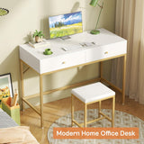 35.4" White and Gold Desk with 2 Drawers, Modern Makeup Vanity with Padded Stool