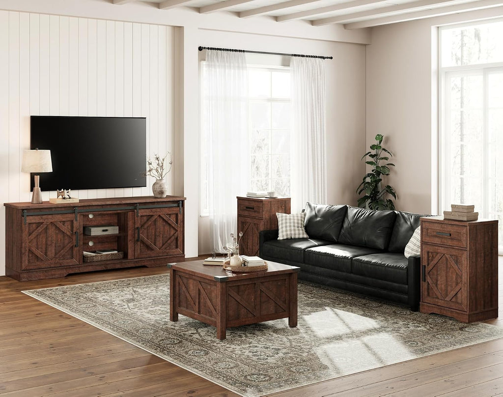 25.6"H Farmhouse TV Stand for 75" TV with Barn Doors& Hidden Storage | 66.1" W Rustic Country-Style TV Cabinet with