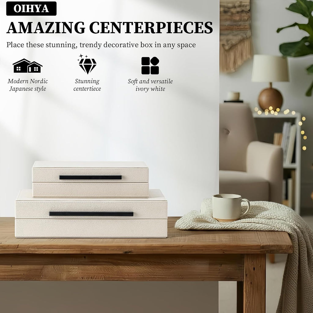 Shagreen Decorative Box, Modern Faux Leather Beige Decorative Storage Boxes with Lids and Metal Handles - Set of 2