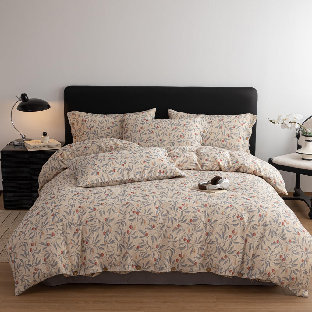 Cotton Linen Floral Duvet Cover Set - Vintage Botanical Print Bedding with Wooden Button Closure, Soft