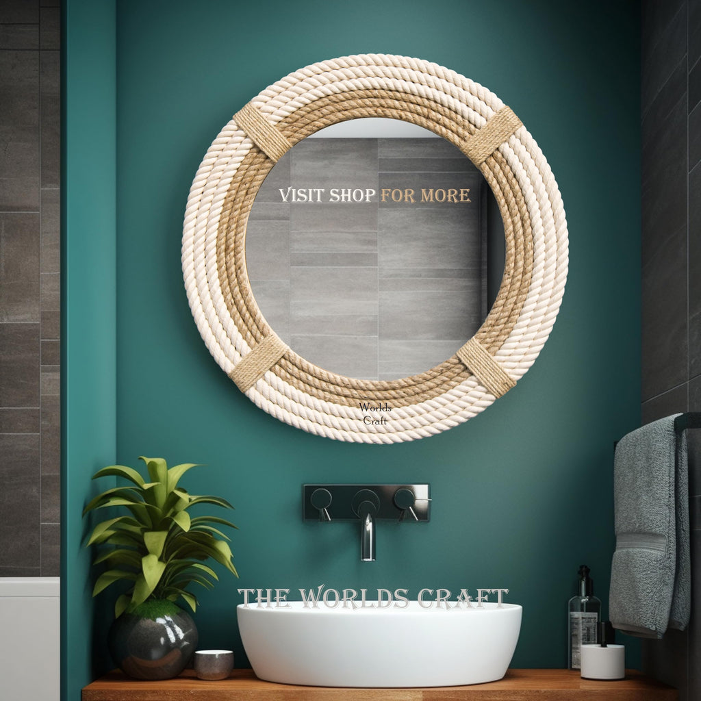 Nautical Hampton Round White Rope Mirror Twisted Rope Home Decor Art Wall Hanging Mirror Coastal Cotton Rope Mirror
