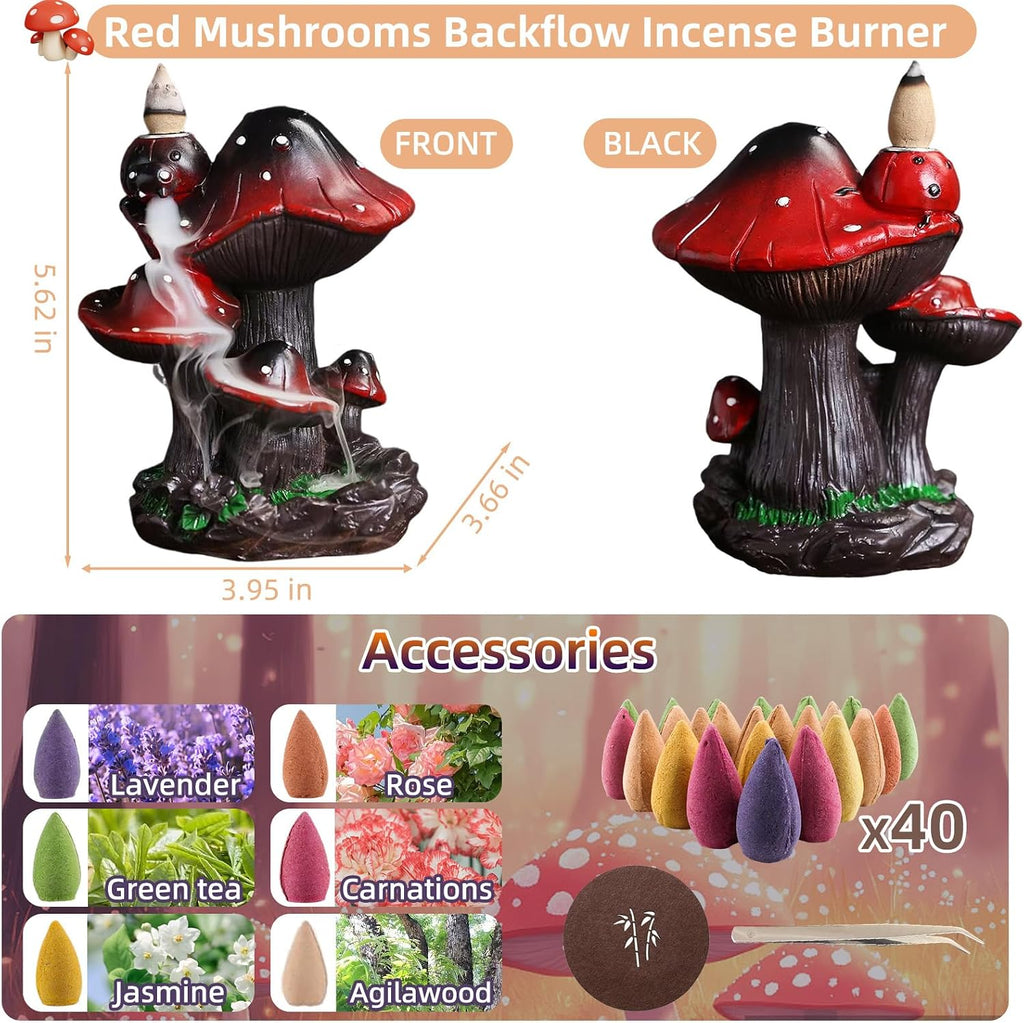 Mushroom Backflow Incense Holder - Ceramic Incense Cone Holder with 60 Backflow Incense Cones | Waterfall Incense