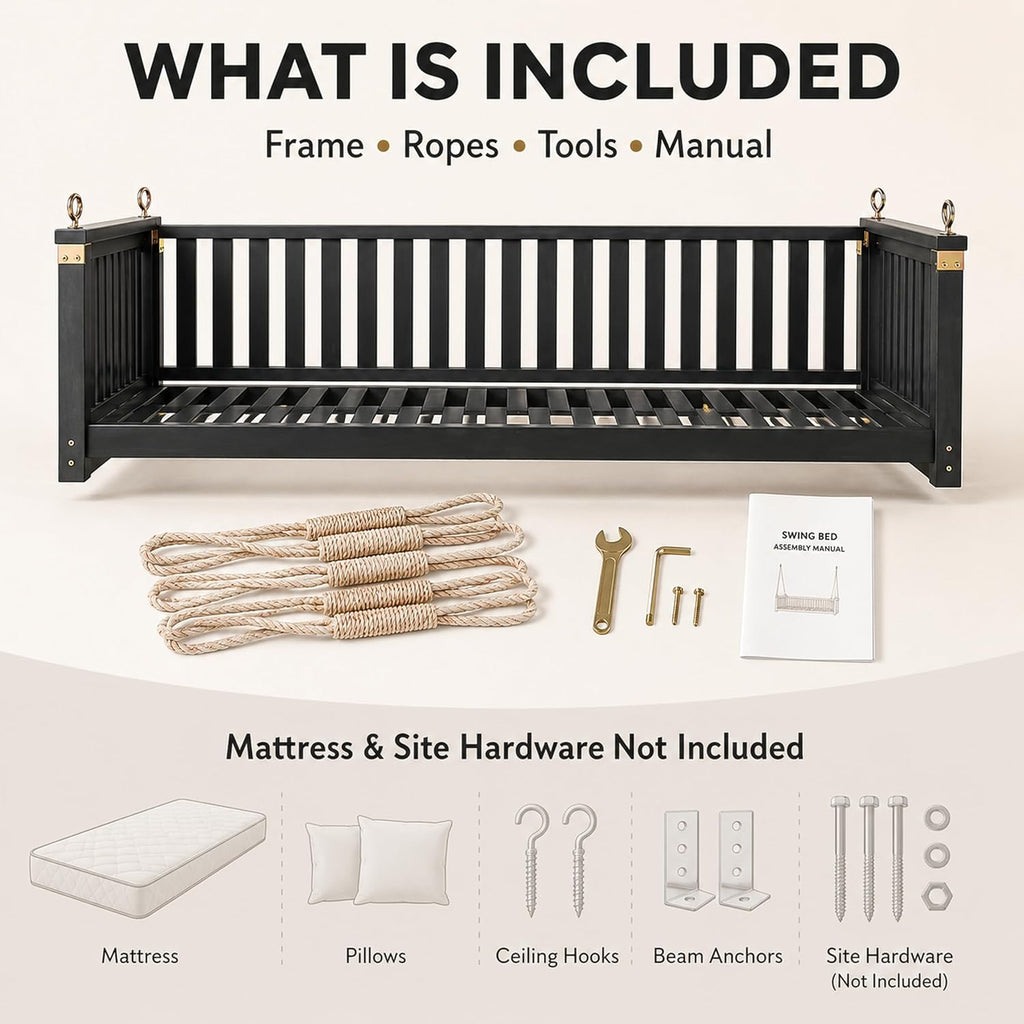 Outdoor Porch Swing Bed, Twin Size Acacia Wood Daybed (Black) | Acacia Wood Frame, Hemp Ropes, Fits Twin Mattress