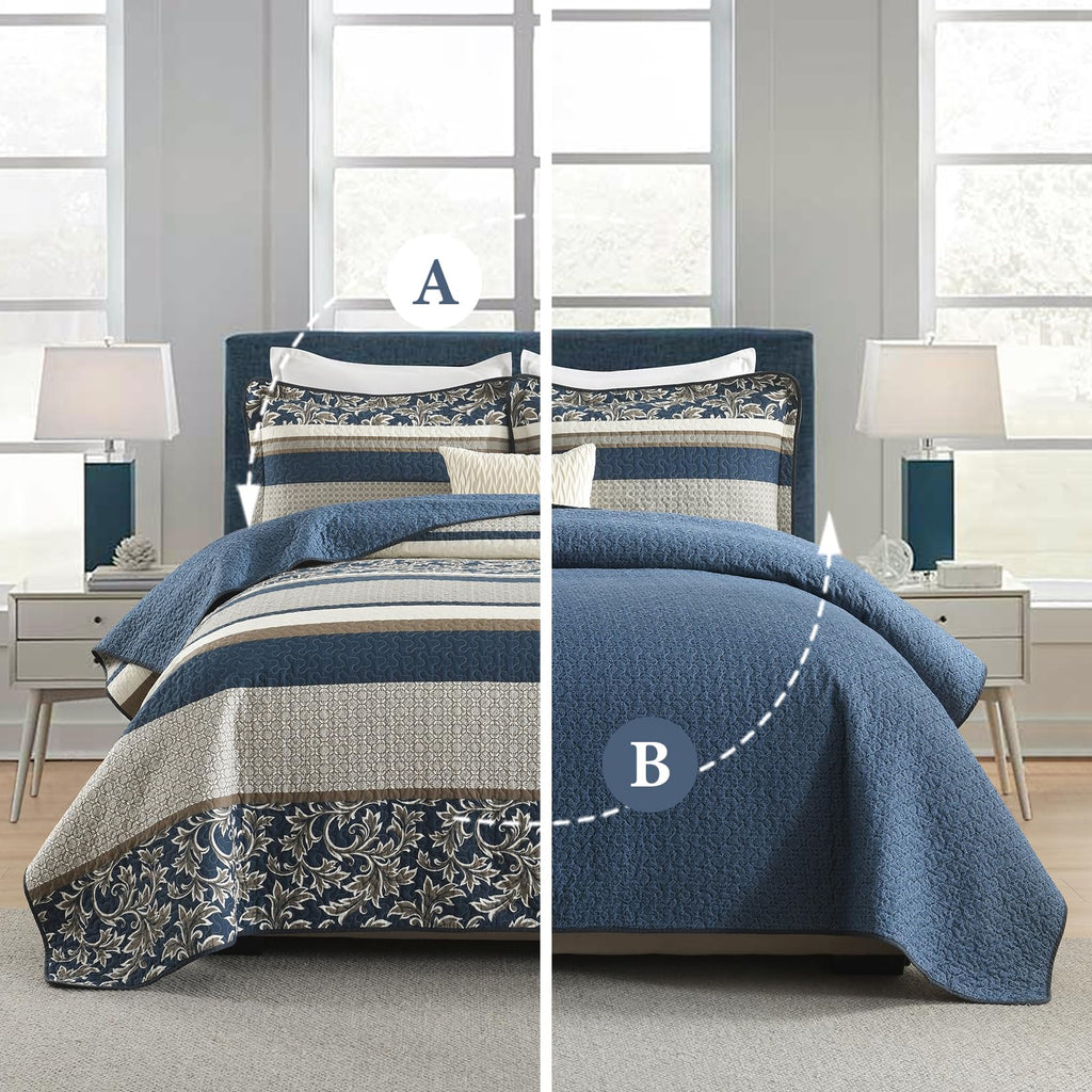 100% Cotton Quilt Set - Striped Quilted Comforter, Patchwork Botanical Quilt Bedspread, Modern