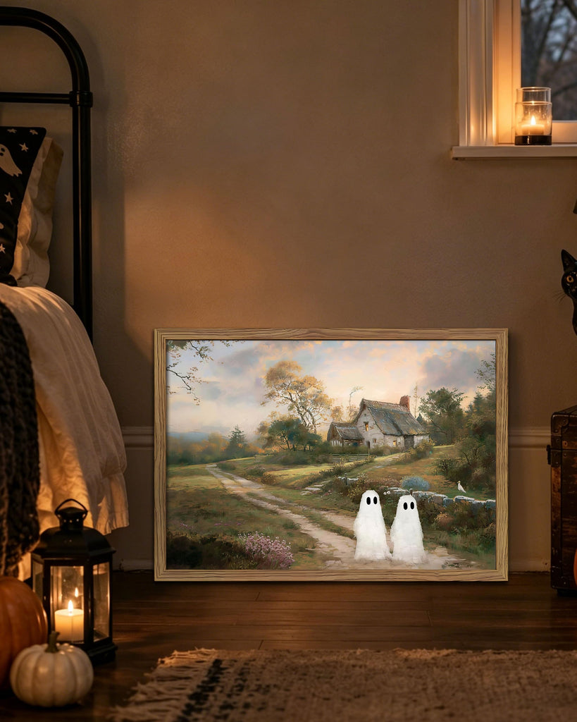 Vintage Landscape Ghost Wall Art, Gothic Halloween Cute Ghost Canvas Wall Decor Painting, Retro Rustic Cottage
