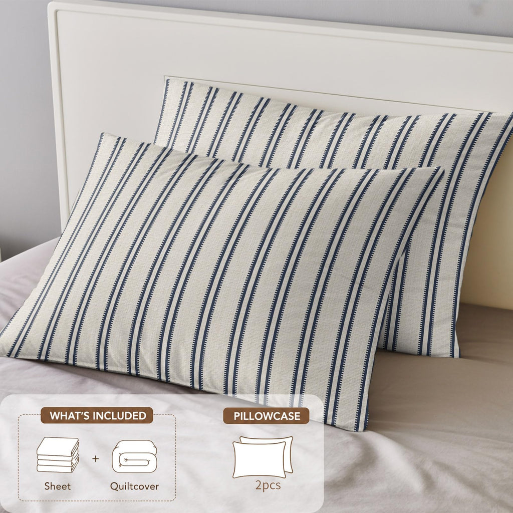Blue Ticking Stripe 4 Piece Duvet Cover Set, Coastal Vertical Lines Khaki Comfort Bedding Set Include 1