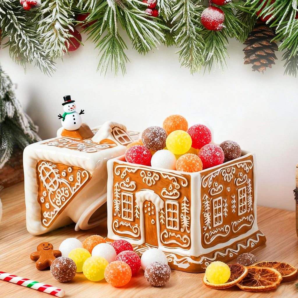 Gingerbread House Christmas Candy Jar with Lid 9.3 Inch Ceramic Christmas Cookie Jar Decorative Treats Storage