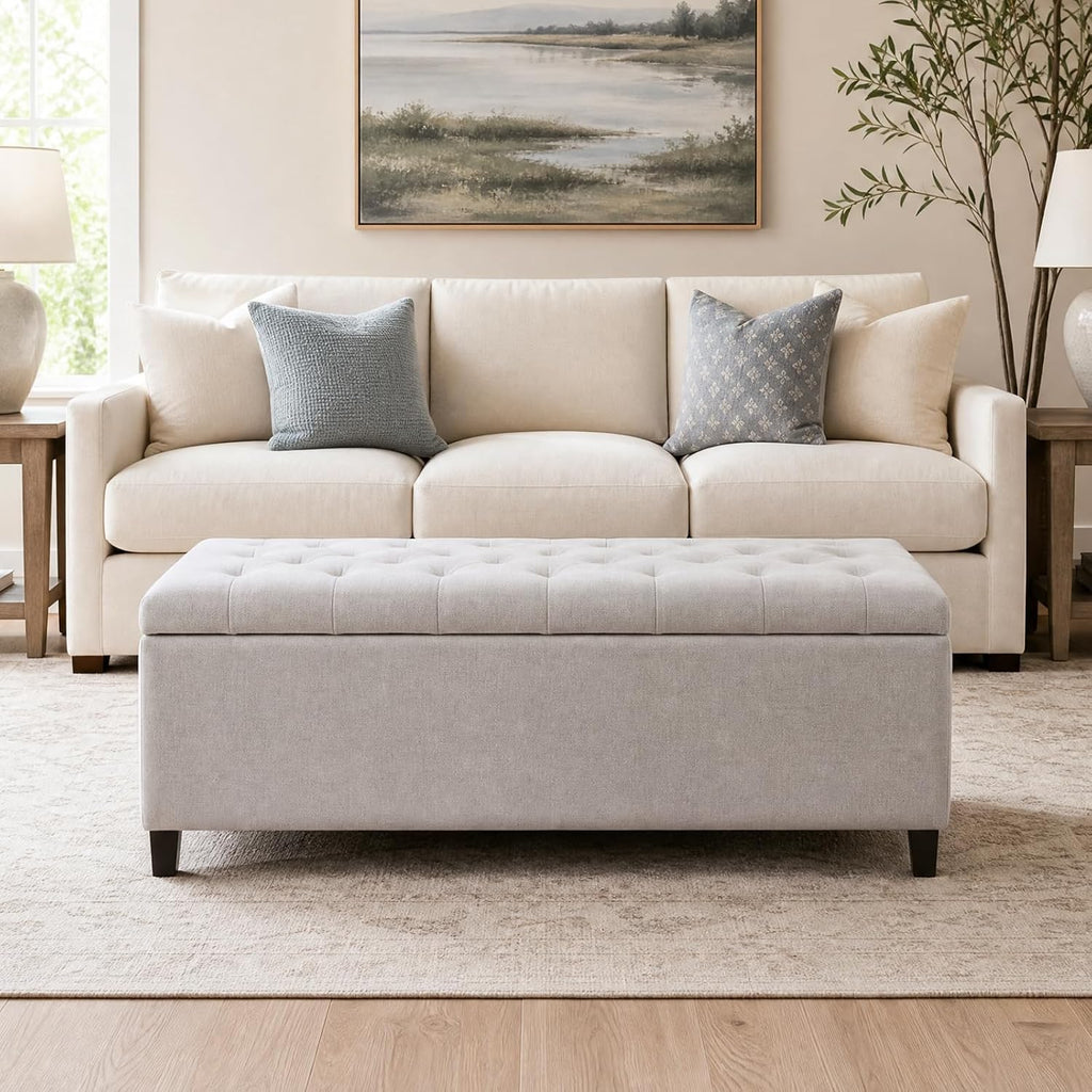 49" Upholstered Storage Bench, Button Tufted End of Bed Bench with Storage, Dual Spring Soft-Close Lid, Bedroom Bench
