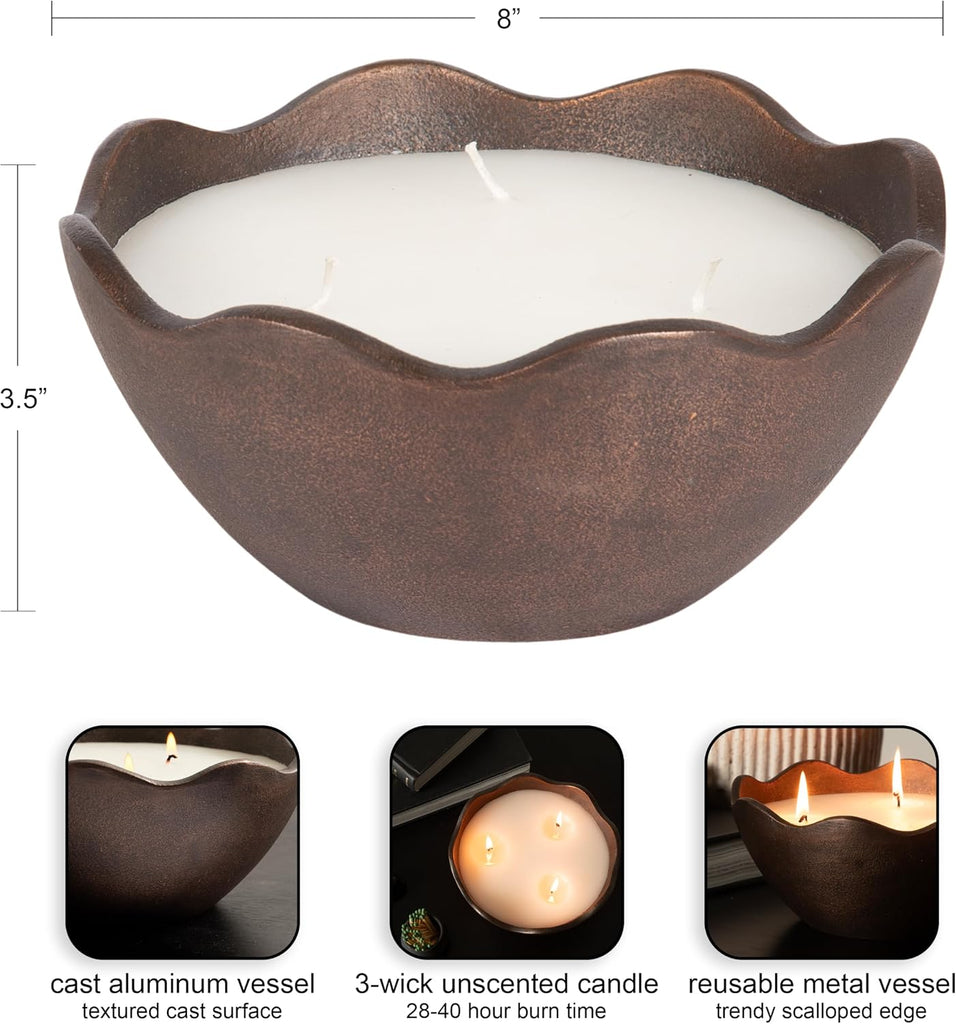 Alessia Scalloped Round Metal Candle Bowl, 8 Inch Diameter, Bronze, Modern Three-Wick Unscented Candle