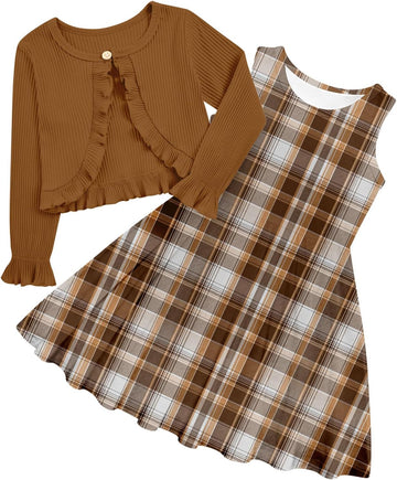 Girl Sleeveless Dresses with Long Sleeve Ruffle Cardigan