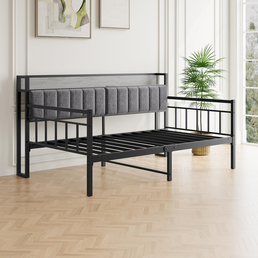 Metal Daybed Frame Twin Size with Charging Station, Metal Twin Bed Frame with Upholstered Headboard with Strong Steel