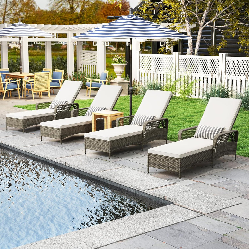 Wicker Chaise Lounge Chair, Patio Rattan Recliner with 6-Position Adjustable Backrest, Soft Cushions