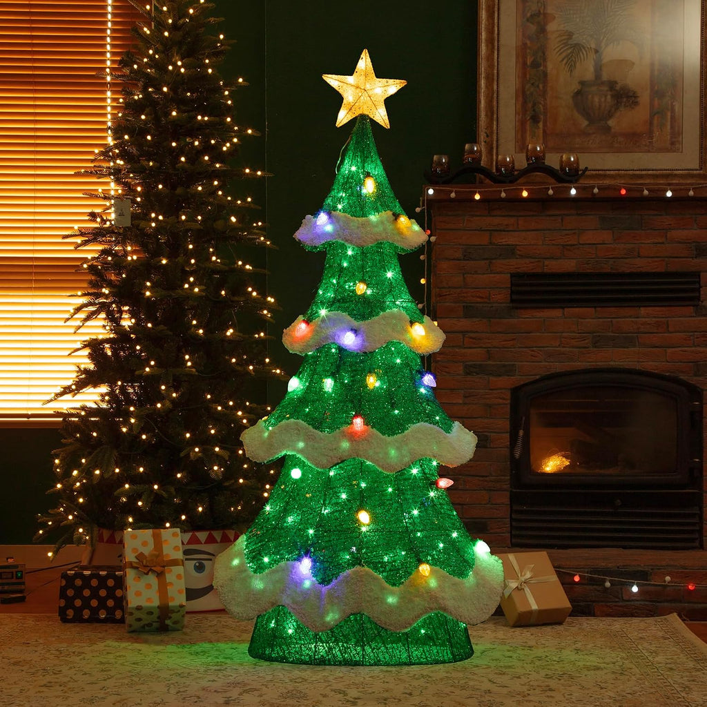 6FT Outdoor Lighted 3D Christmas Tree, Large Mesh Christmas Tree Holiday Yard Decoration with Colorful Bulbs and 261