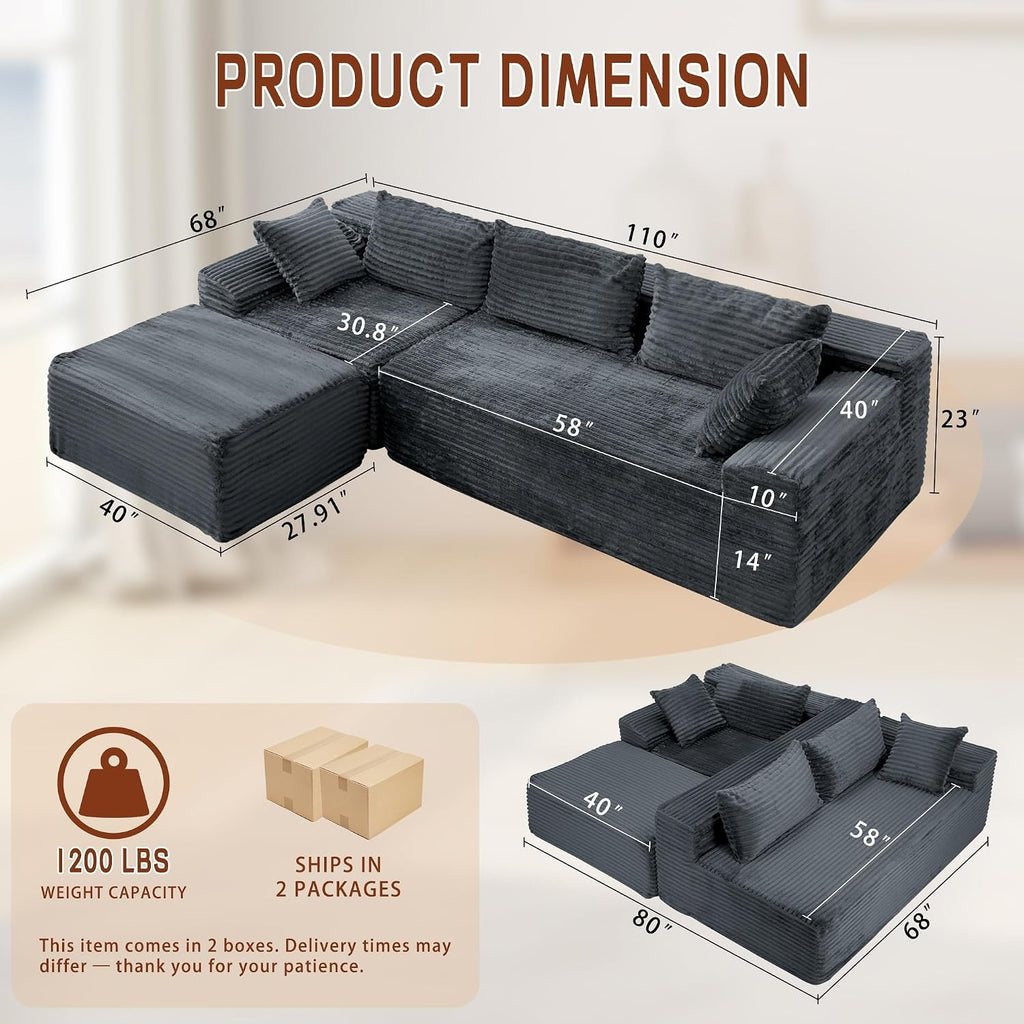 110" L-Shaped Modular Sectional Sofa with Chaise, Boneless Comfy Corduroy Fluffy Couch with Deep Seat and Side Pockets