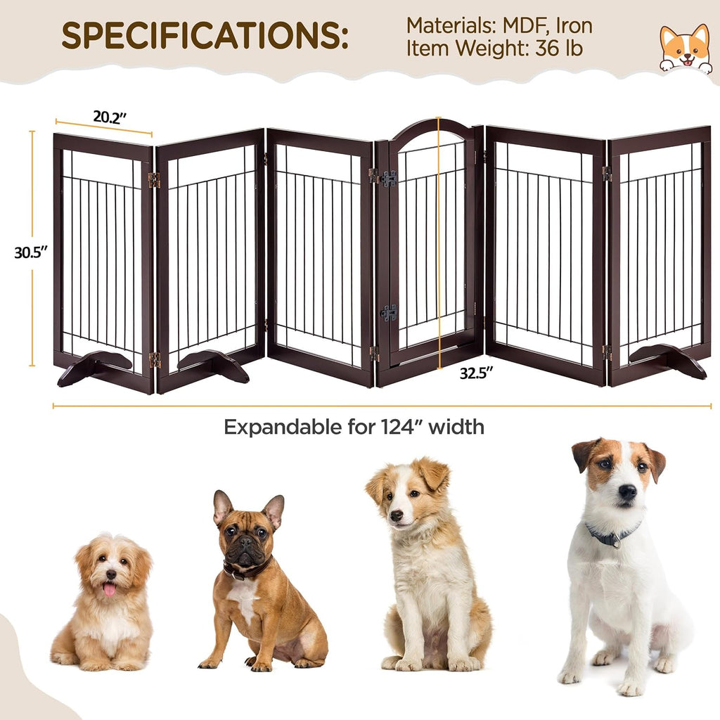 32"H 6-Panel Extra Wide Freestanding Dog Gate For Stairs Doorways