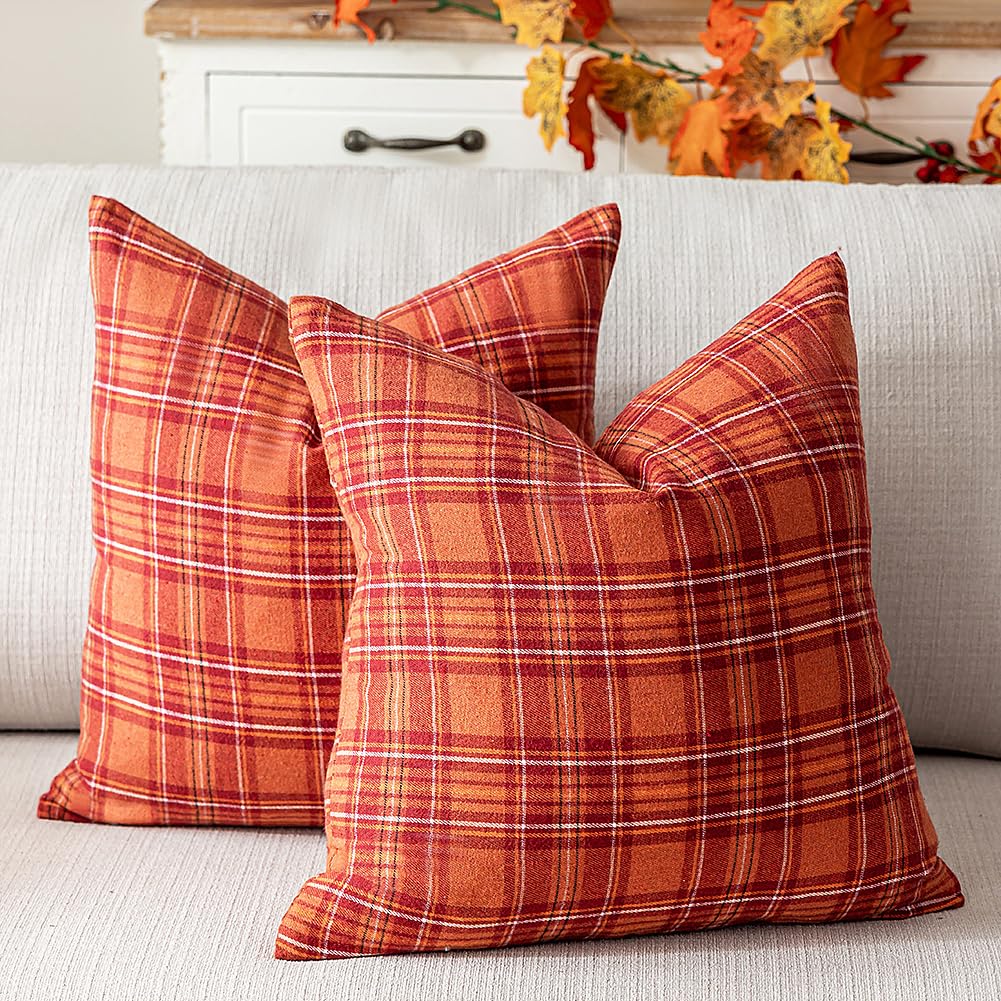 Burnt Orange Fall Plaid Euro Pillow Sham Covers 24x24, Large Pillow Covers