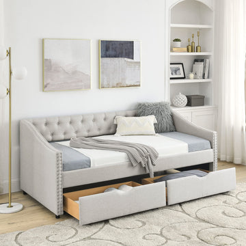 Upholstered Daybed with Drawers, Modern Fabric Twin Size Button Tufted Daybed Frame Sofa Bed, No Box Spring Needed