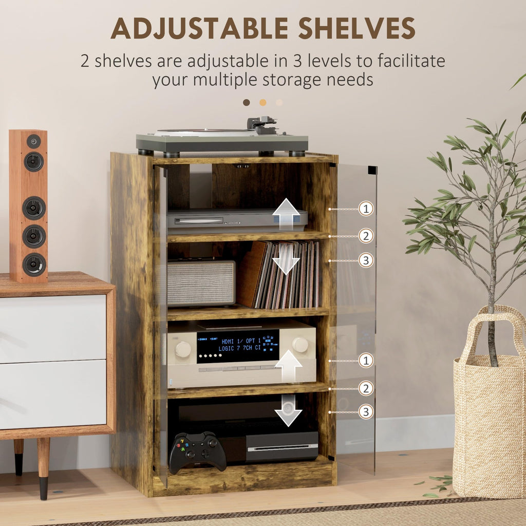 Media Cabinet, 4-Tier Stereo Cabinet, Modern Audio Video Media Stand with Adjustable Shelves, Tempered Glass Doors