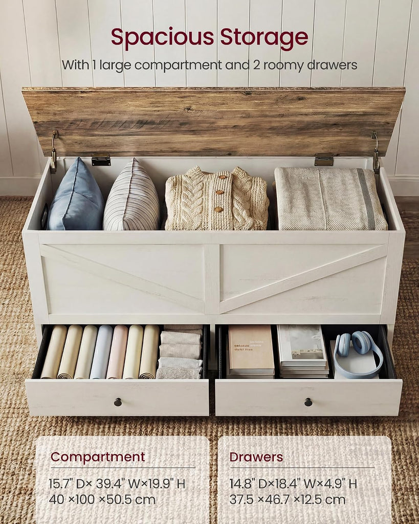 Storage Chest, Storage Bench with 2 Fabric Drawers, Farmhouse Style, 15.7 x 39.4 x 19.9 Inches, Rustic White and