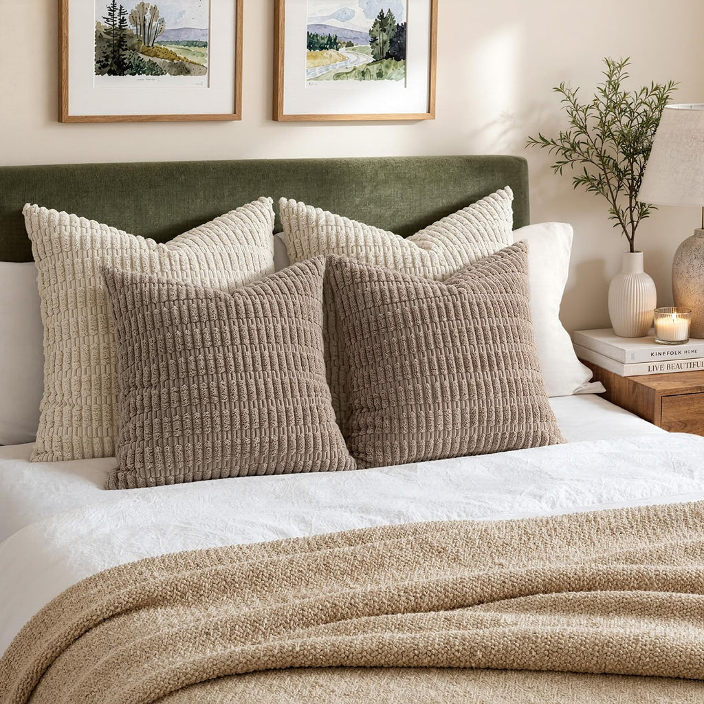 Pack of 2 Corduroy Decorative Throw Pillow Covers 18x18 Inch Soft Boho Striped Pillow Covers Modern Farmhouse Home Decor