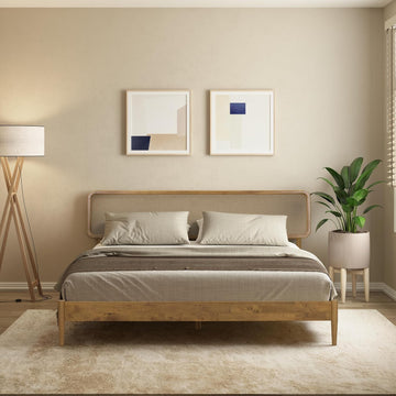 Lupin Wooden Bed Frame with Headboard, Solid Oak and Rubber Wood Foundation with Silent Slats and Wood Central - Set of 6