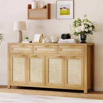 63in Sideboard Buffet Cabinet with Storage, Rattan Farmhouse Credenza Coffee Bar Cabinet with 3 Drawers 4 Doors and
