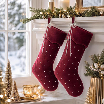 Inch Red Velvet Christmas Stockings with Pearl, Bow - Set of 2