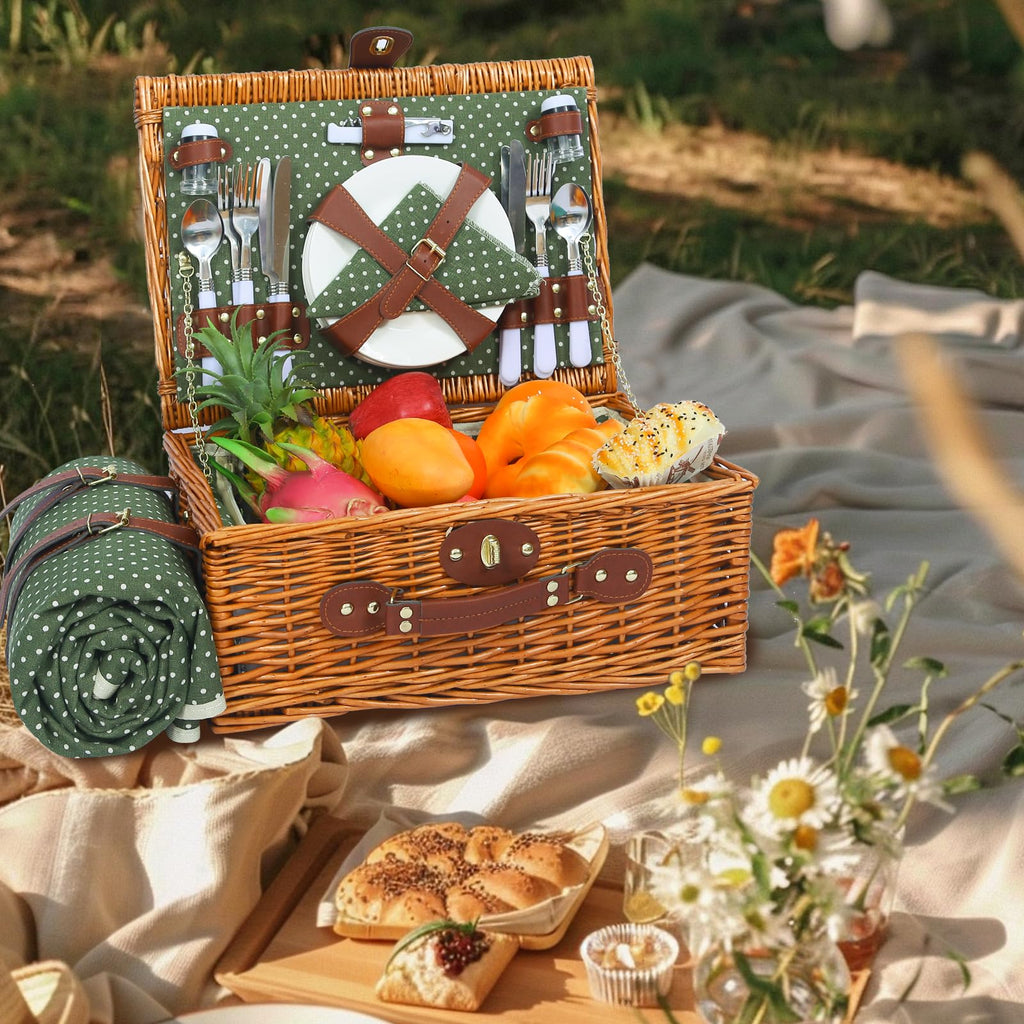 Picnic Basket for 4 Persons with Blanket, Green & White Spots