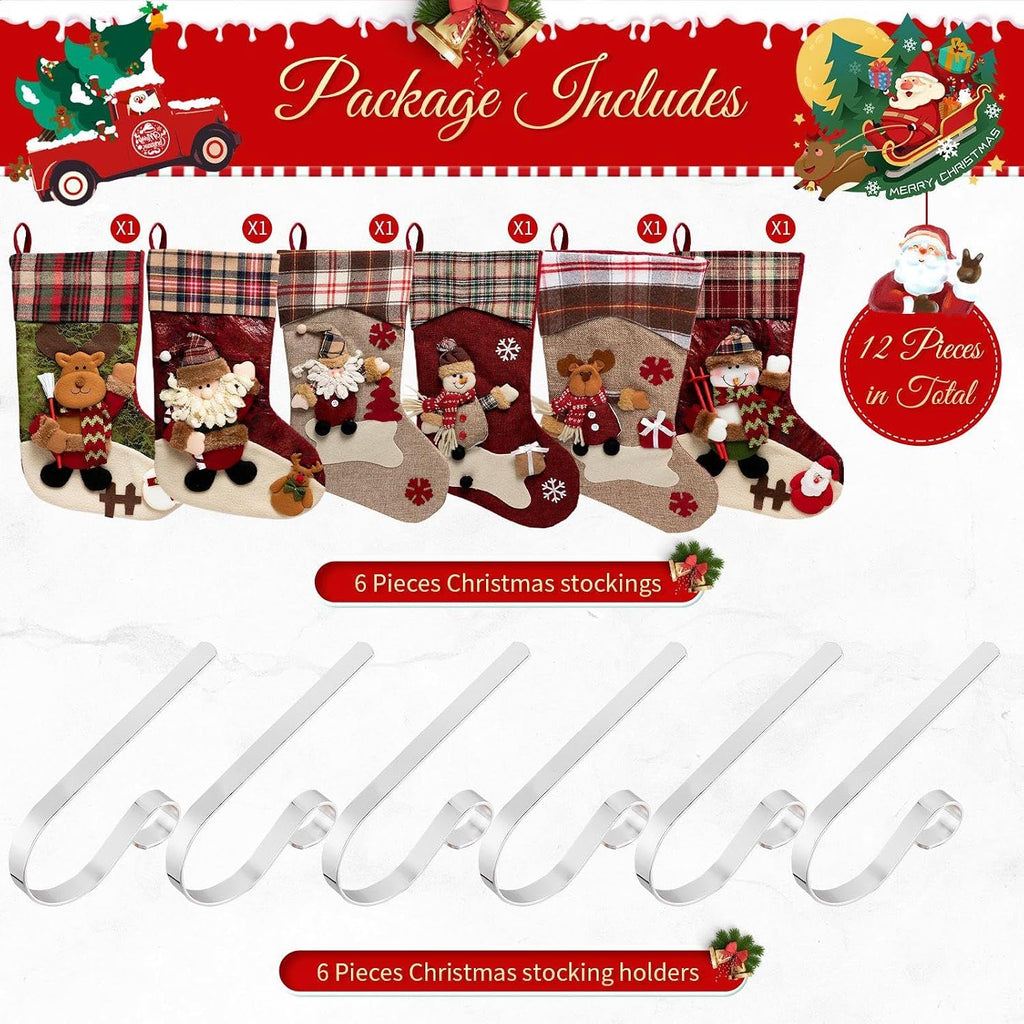 Vintage Christmas Stocking 6 Pack 18 Inches with 6 Pieces Zinc Alloy Stocking Holders Fireplace Adjustable Holders