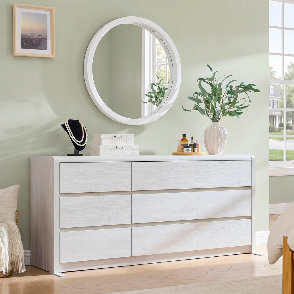 63" Wide Large with 9 Drawers, White, Mid Century Modern & Chest of Drawers, Rounded Corner, Wood Storage Organizer