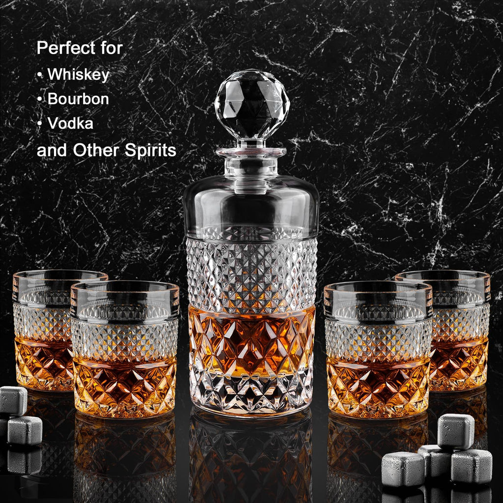 27oz Whiskey Decanter Set in Gift Box, Crystal Whiskey Decanter Sets for Men, Liquor Decanters with 4 Glasses, Gifts - Set of 5