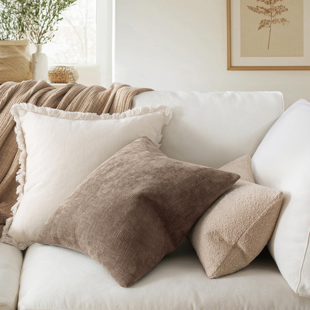 26x26 Inch Euro Sham Chenille Throw Pillows Set of 2 Soft Accent Taupe Grey Neutral Farmhouse Textured Cushion Covers