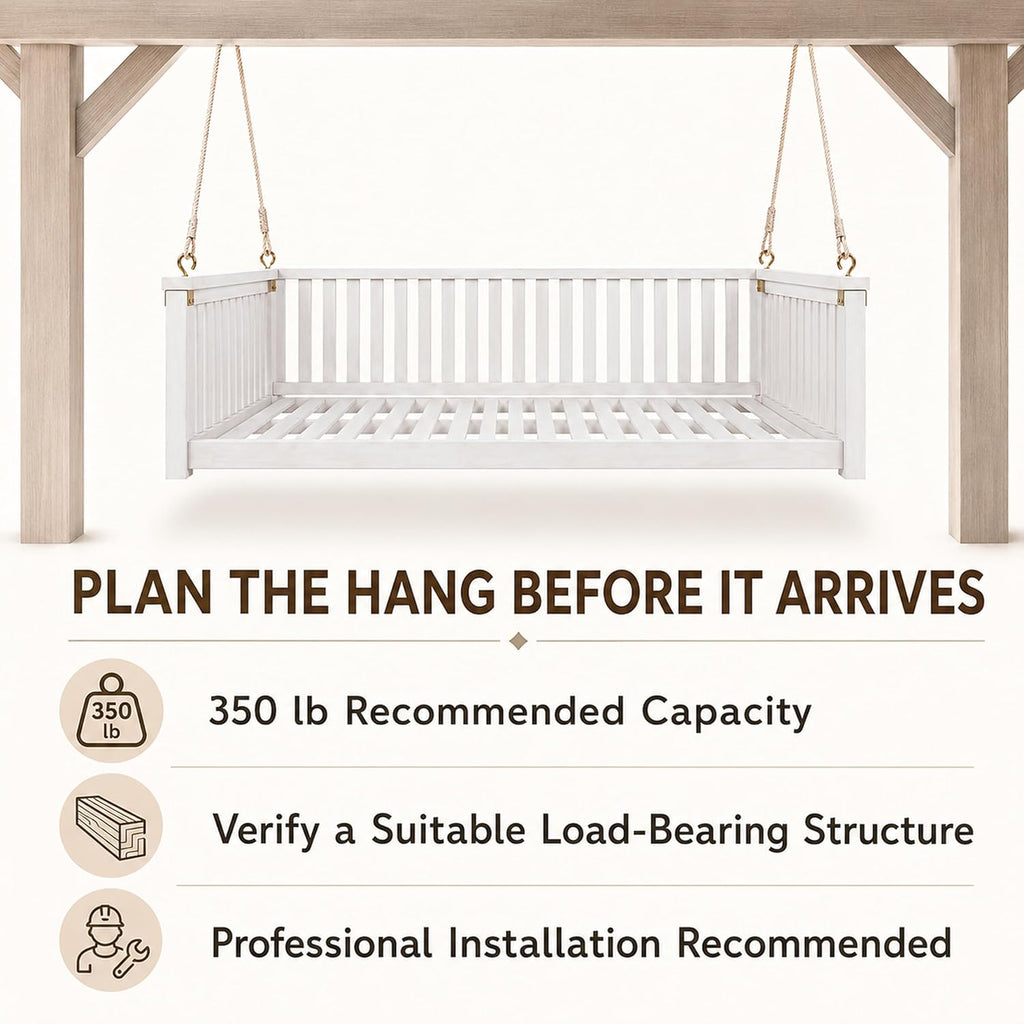 Outdoor Porch Swing Bed, Twin Size Acacia Wood Daybed (White) | Acacia Wood Frame, Hemp Ropes, Fits Twin Mattress