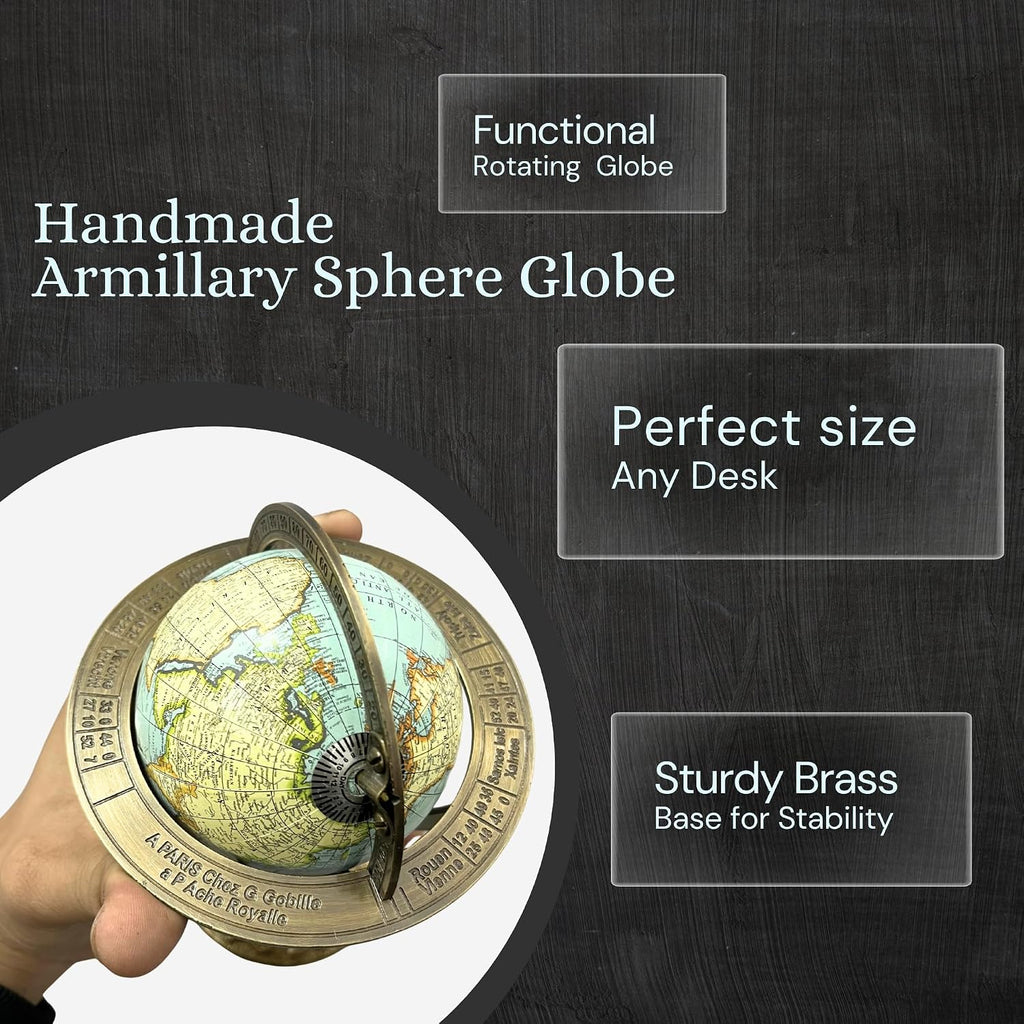 Brass Armillary Sphere Globe with Celestial Engravings and Floral Base - Rotating Decorative Astronomical Piece.
