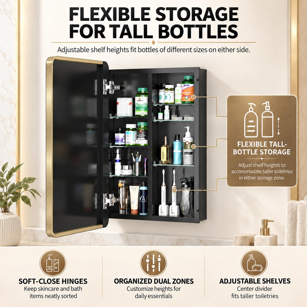 20x26 Inch Brushed Gold Medicine Cabinet with Mirror, Aluminum Recessed or Surface Mount, 4 Stepless Glass Shelves