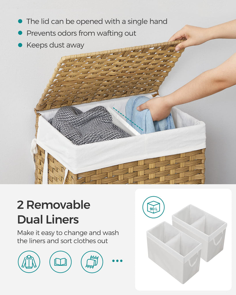 Laundry Hamper with Lid, 90L Double Wicker Basket, 6 Mesh Bags