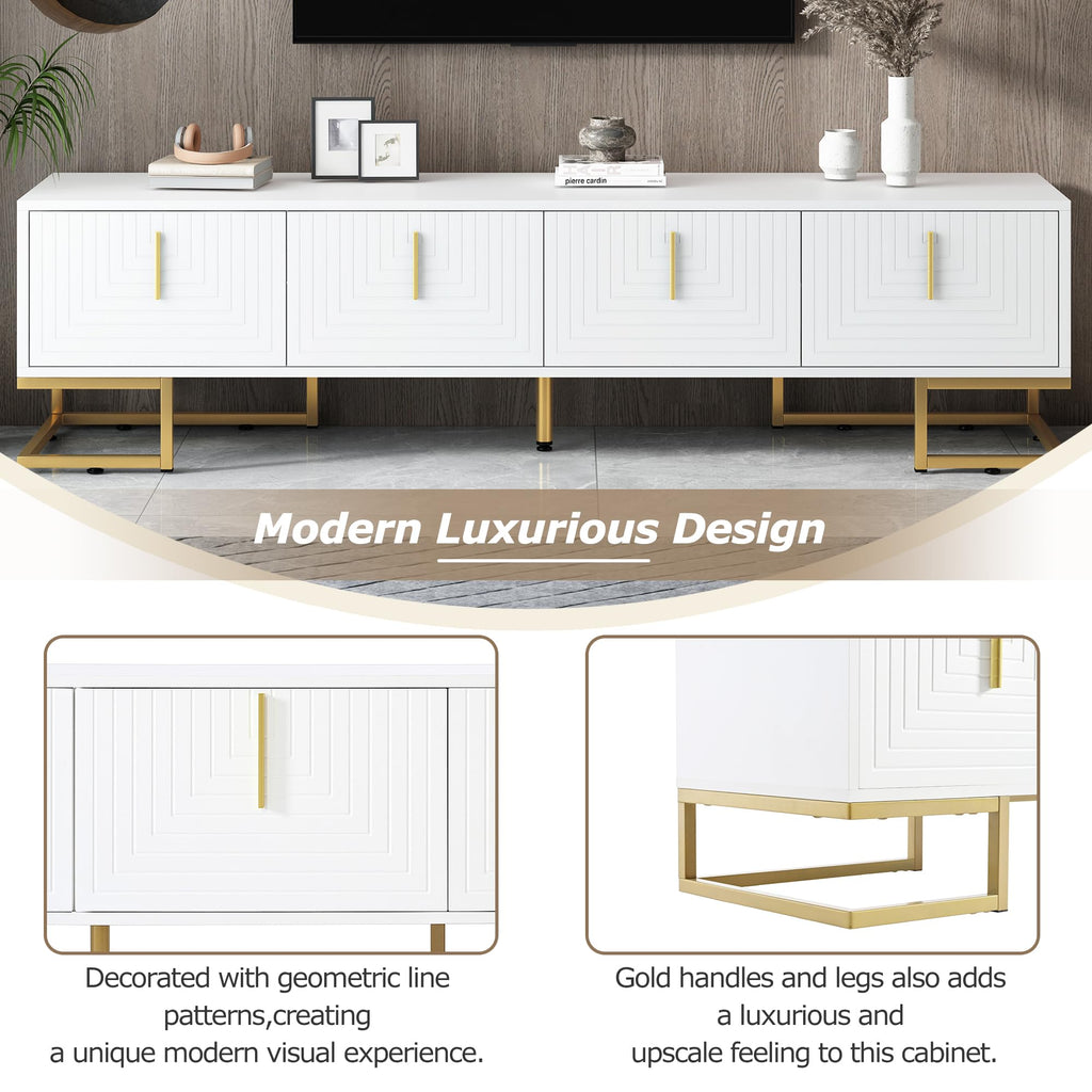Modern TV Stand with Metal Legs, Gold Handles, Geometric Lines and Adjustable Shelves for TVs Up to 80'', Media