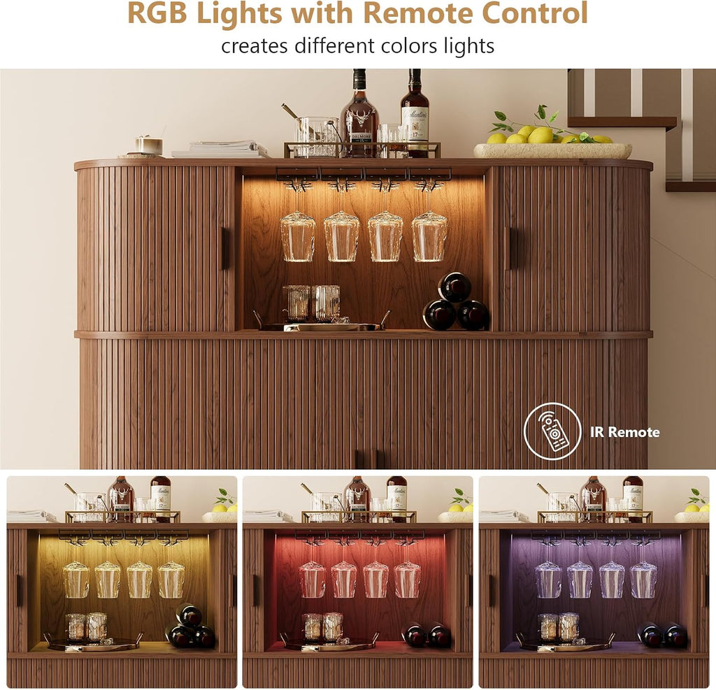 55" Fluted Wine Bar Cabinet with Power Outlet Walnut | Large Coffee Bar, Liquor Whiskey Cabinet, Home Bar, with LED