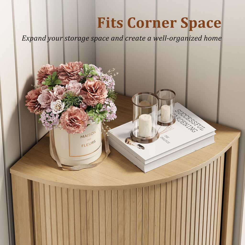 65.8'' Tall Corner Storage Cabinet with Fluted Sliding Doors, Wine Bar Cabinet with Storage, Mid-century Modern
