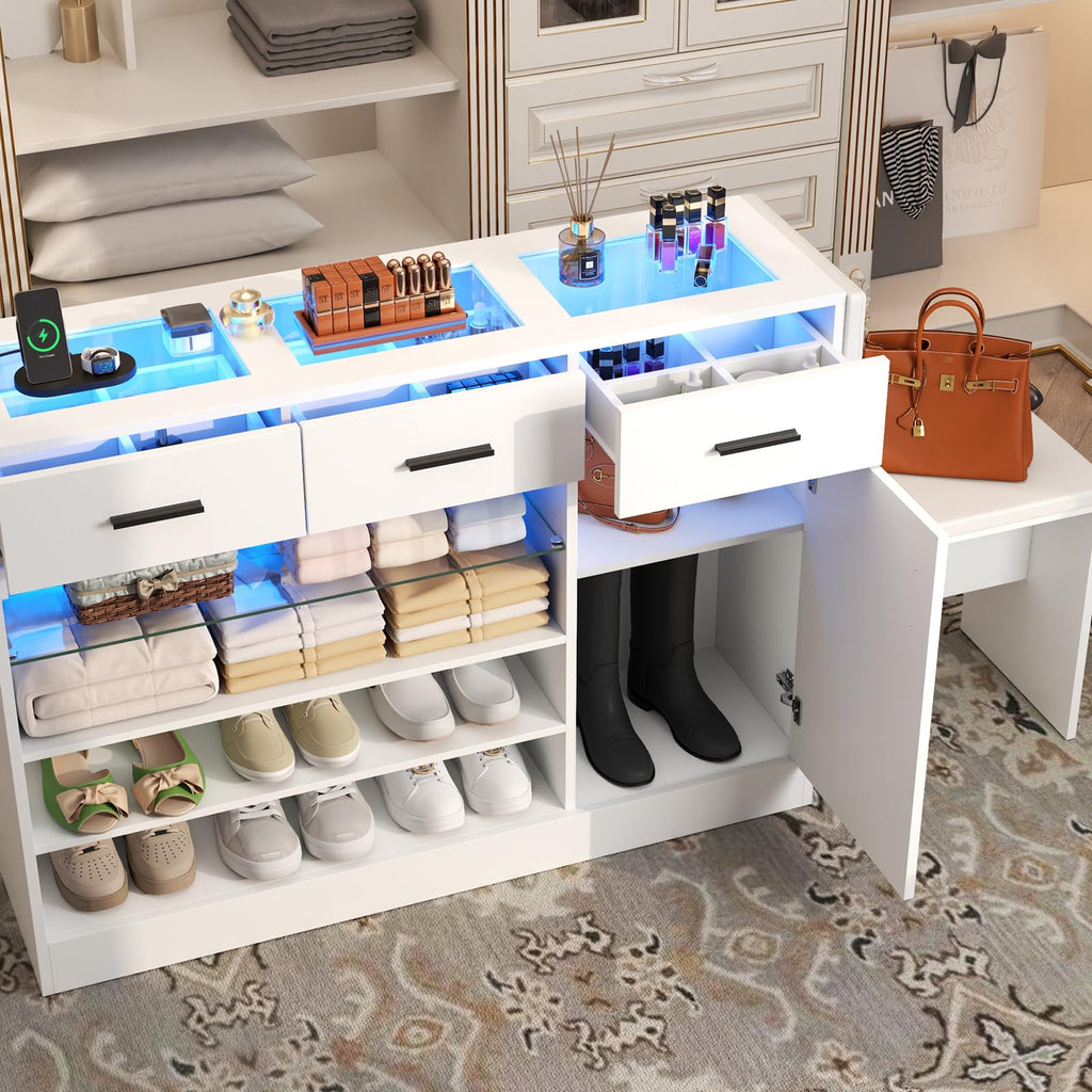 Wardrobe Armoire Closet with Charging & LED Light, Closet Island Dresser