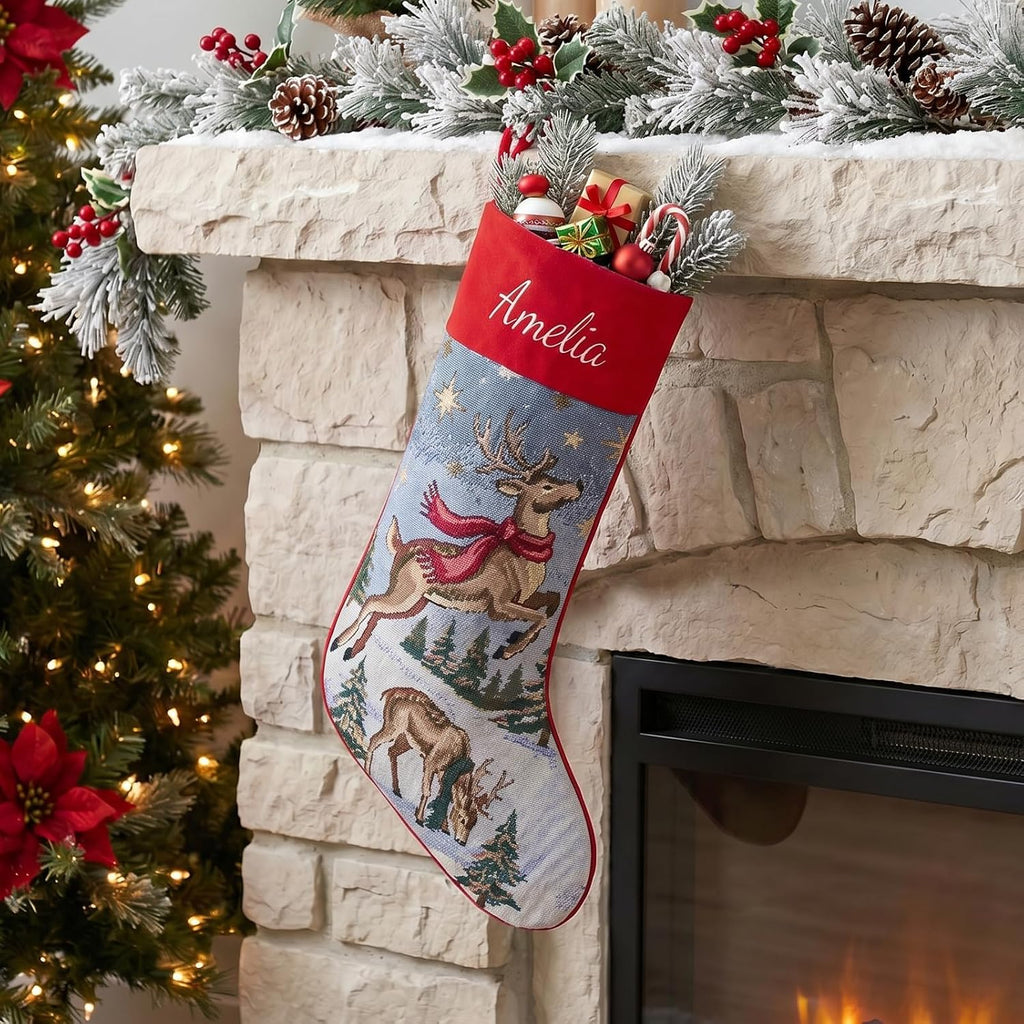 With Embroidered Name,Soft Velvet Cuff with Reindeer Jacquard Design Xmas Stockings,18Inches Vintage Stocking