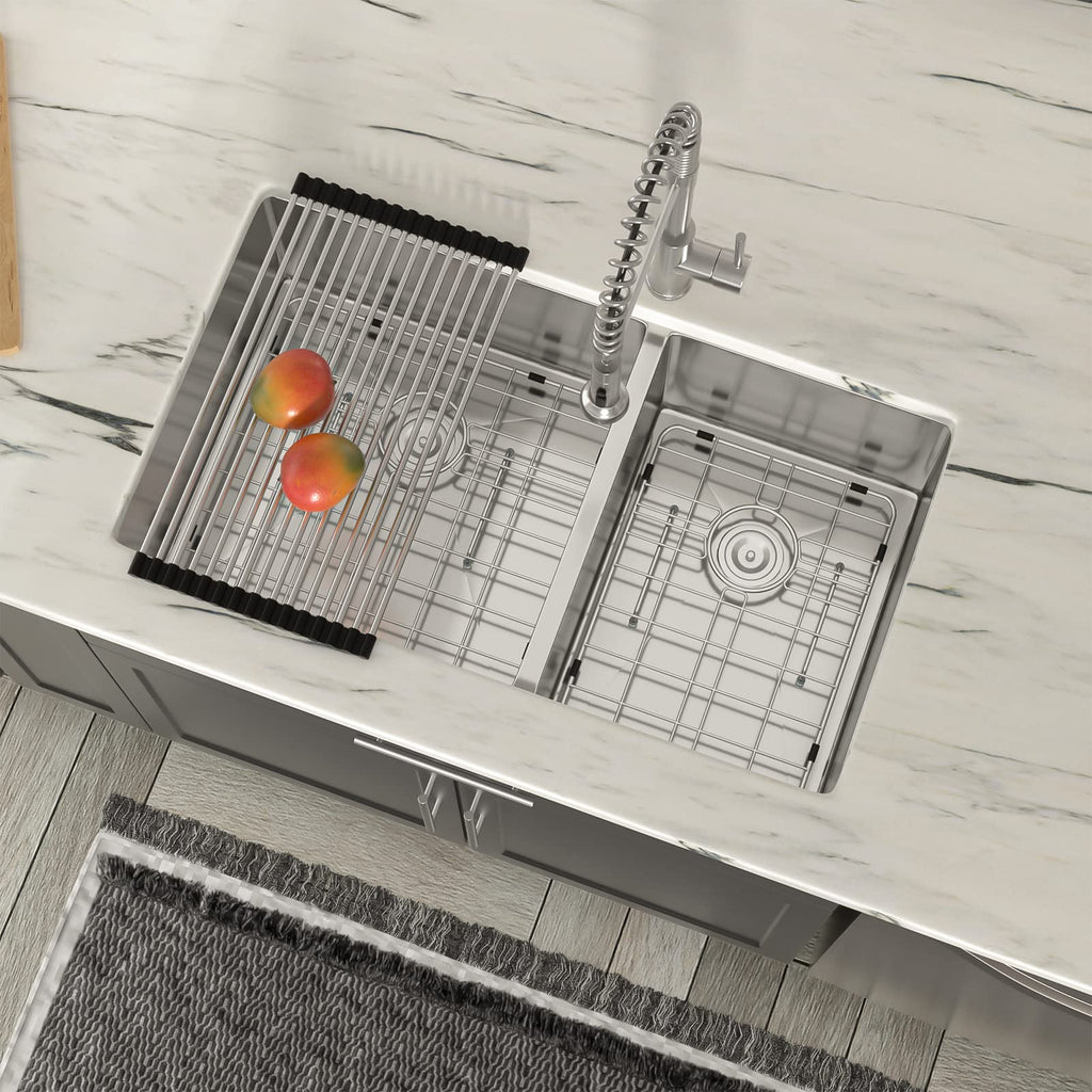33 Inch Undermount Double Bowl Kitchen Sink 60/40 Split 16 Gauge 304 Stainless Steel Large Double Sinks, 33"x19"x10