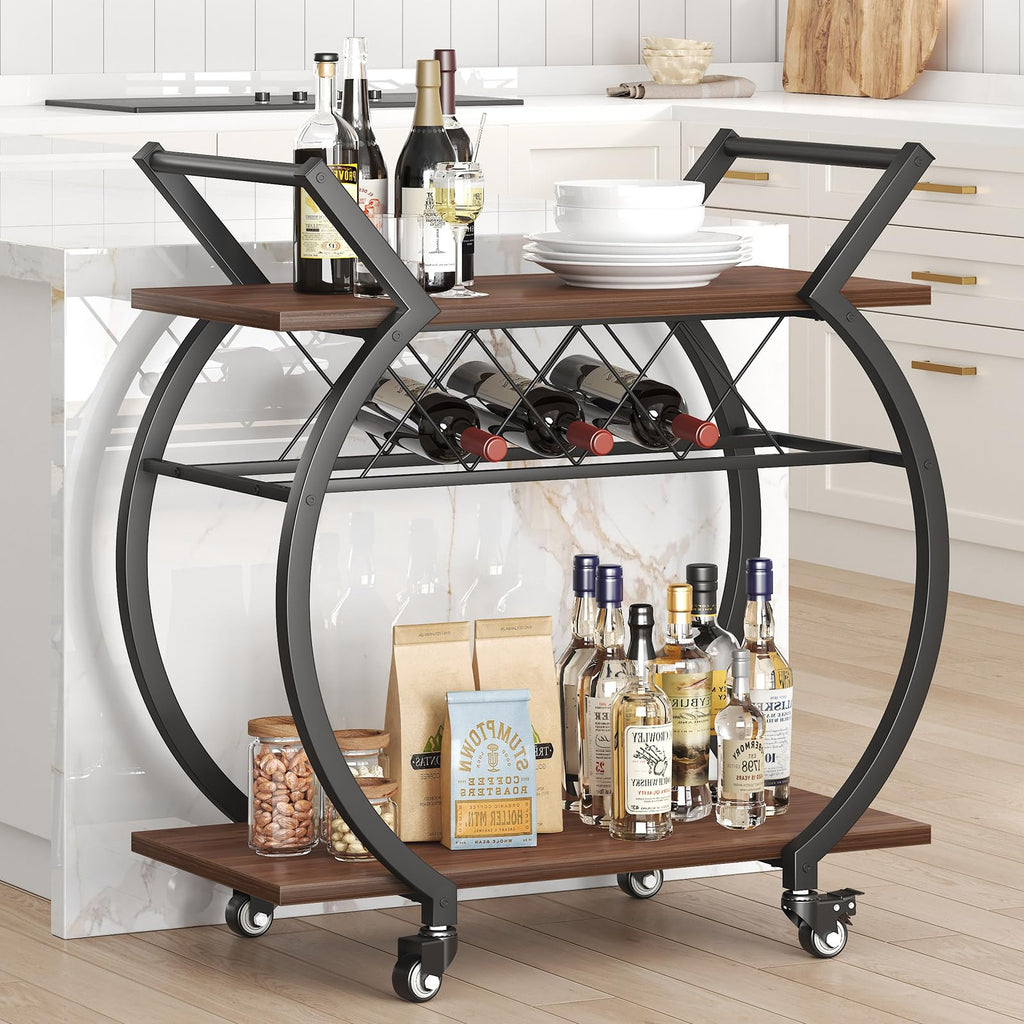 Modern Bar Cart, Industrial Rolling Wine Cart with Wine Rack, Walnut